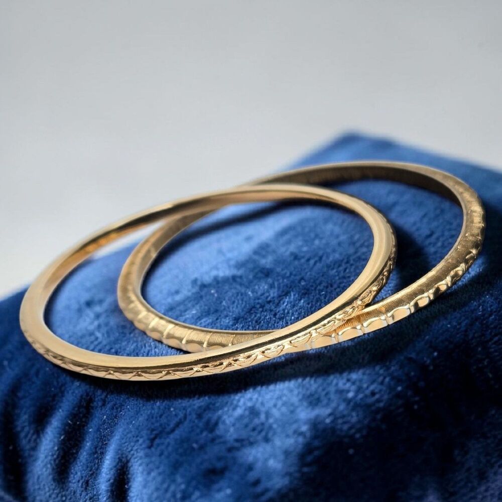 Vintage Crown Trifari Bangles Textured Gold Tone Stacking Bracelets MCM Lot of 2